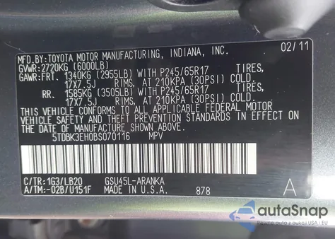 2011 Toyota Highlander Se V6 z USA, uszkodzony, nr VIN 5TDBK3EH0BS070116